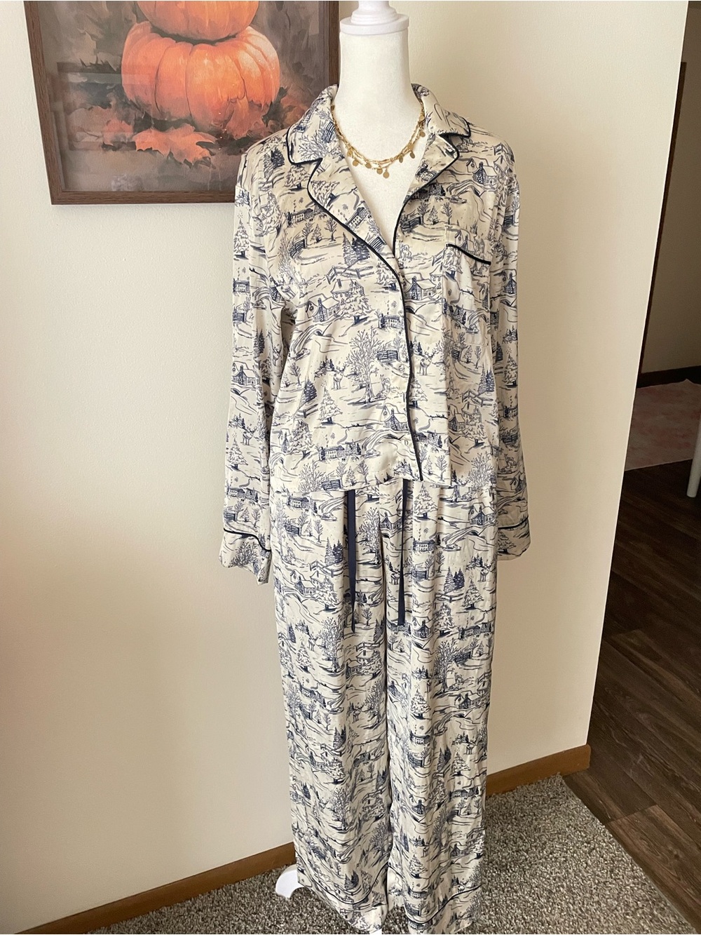Abercrombie & Fitch Satin Pajama Top & Pants Set Toile Winter Holiday Christmas